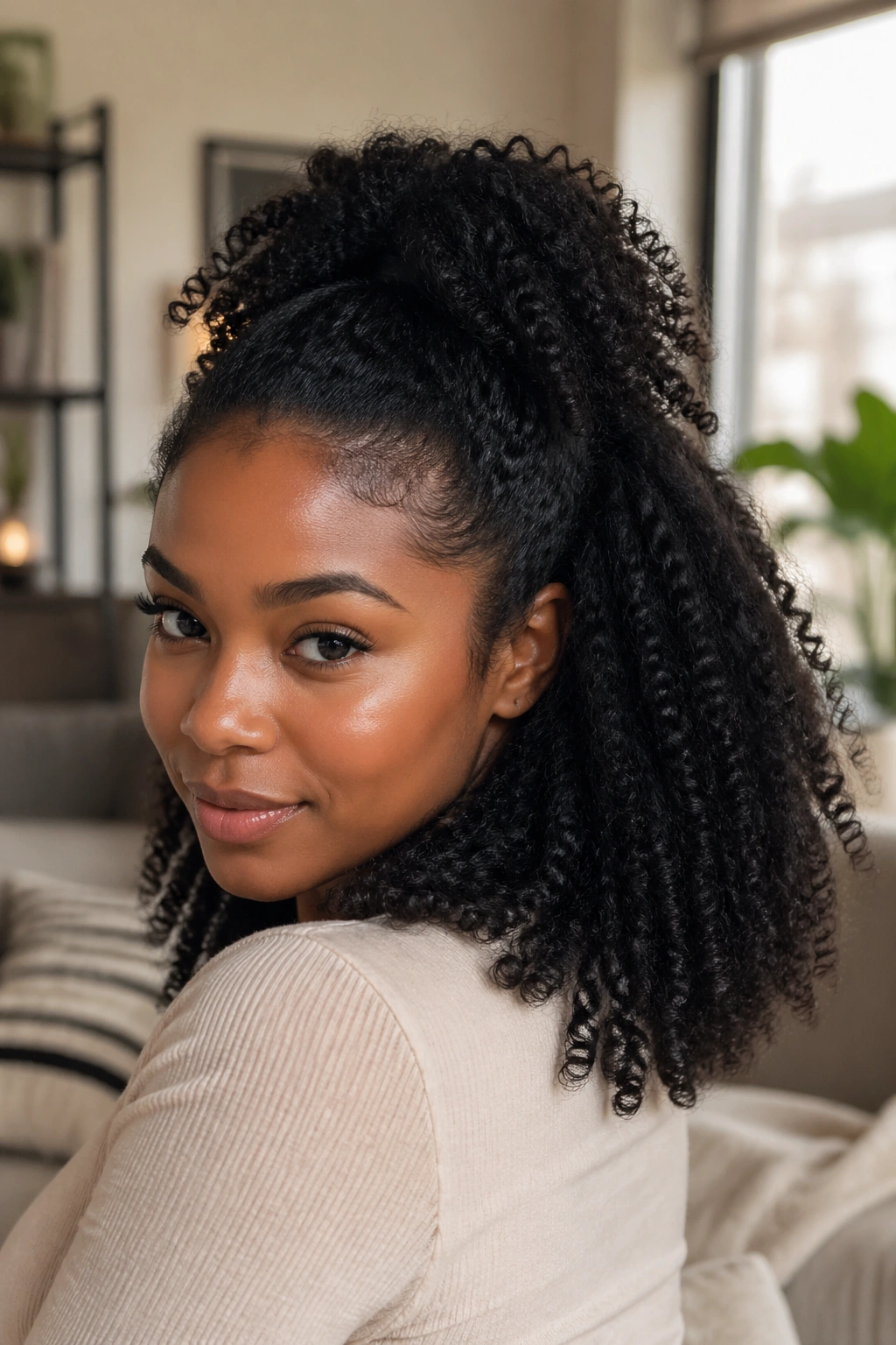 Close-up portrait of a real Black woman with a textured half-up ponytail.