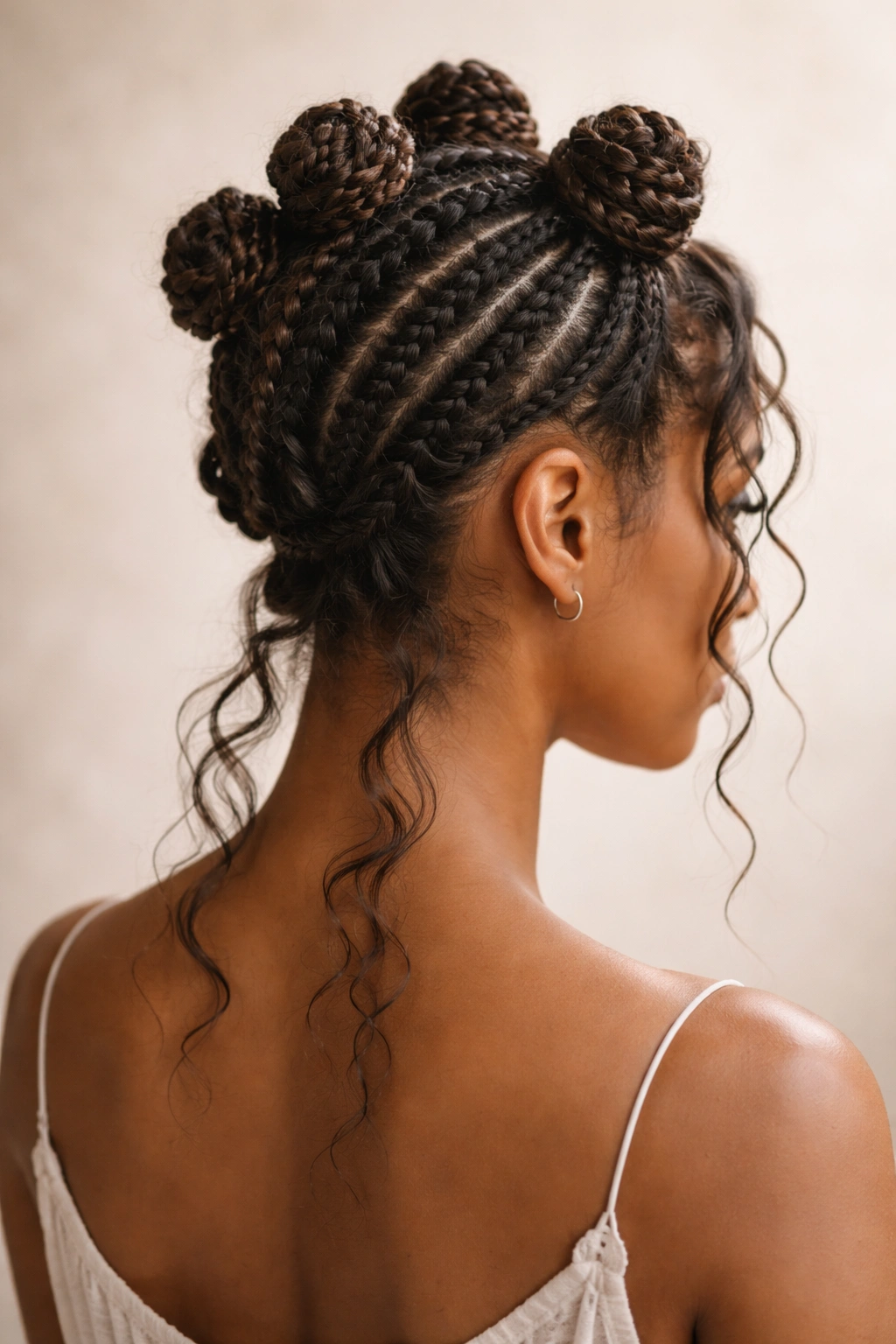 Knot-and-braid updo with upward braids and sculpted knots