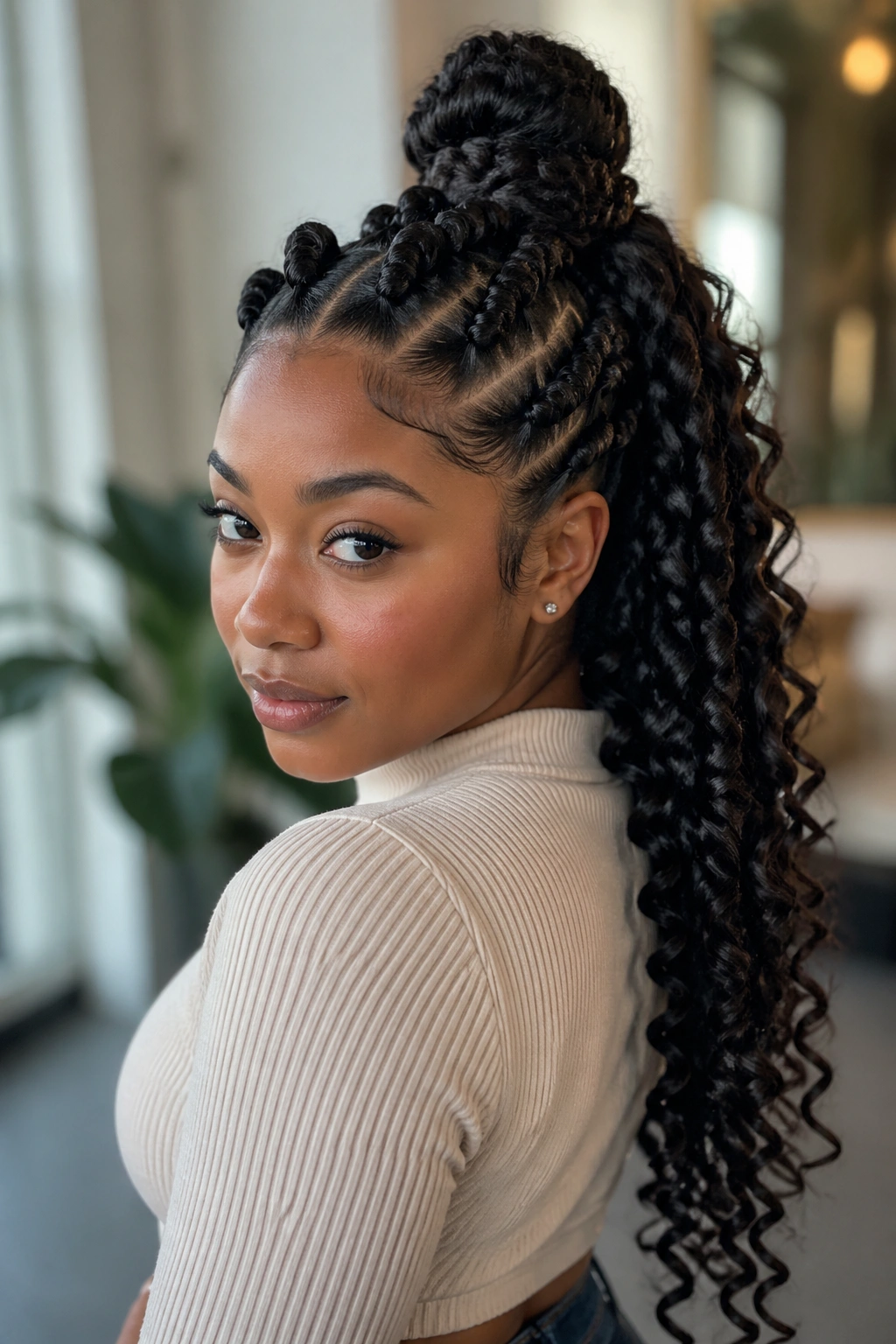 Close-up portrait of a real woman with a knot bun hybrid and long ribbon curls.