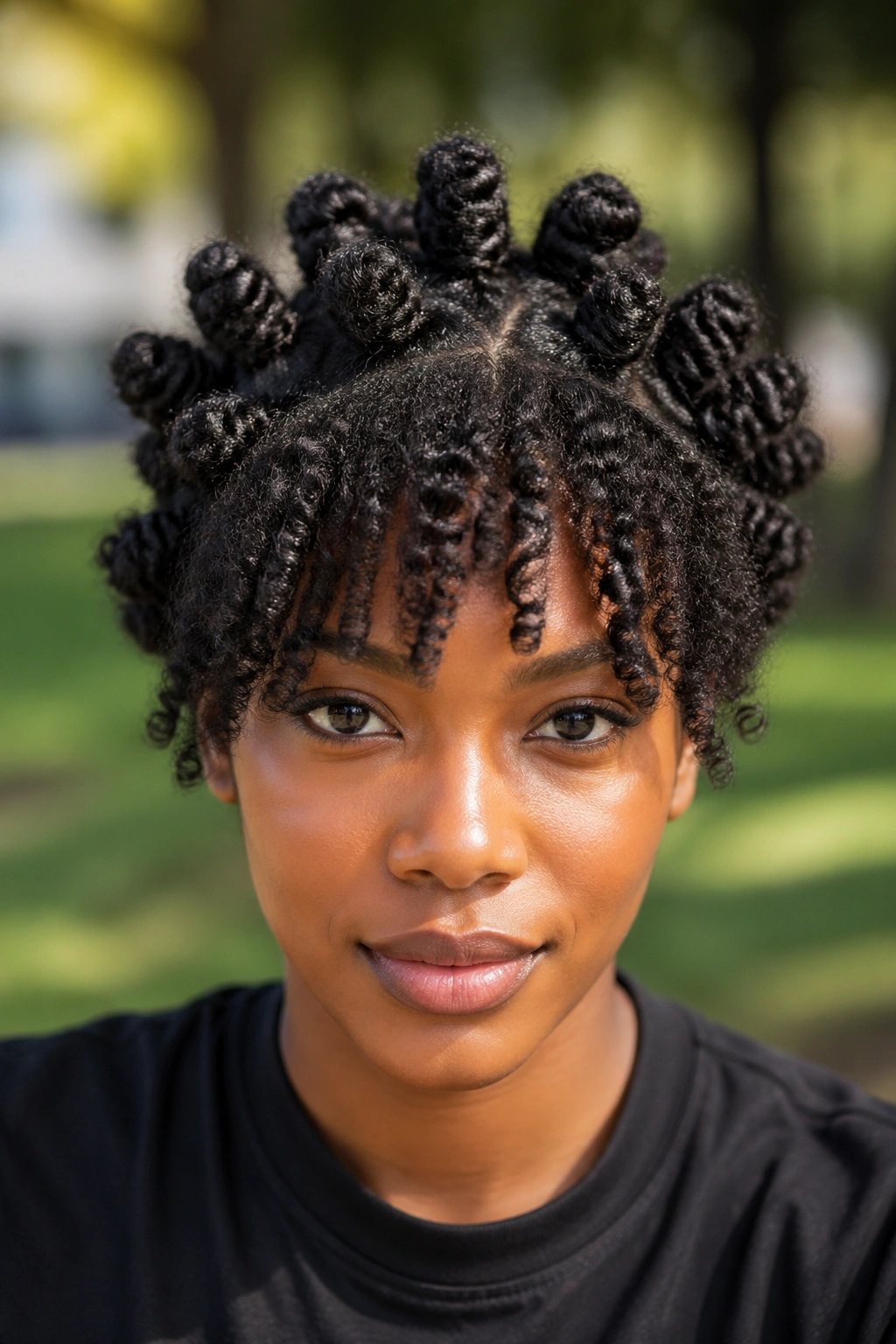 Real person with knot cluster and natural coil bangs in a park setting