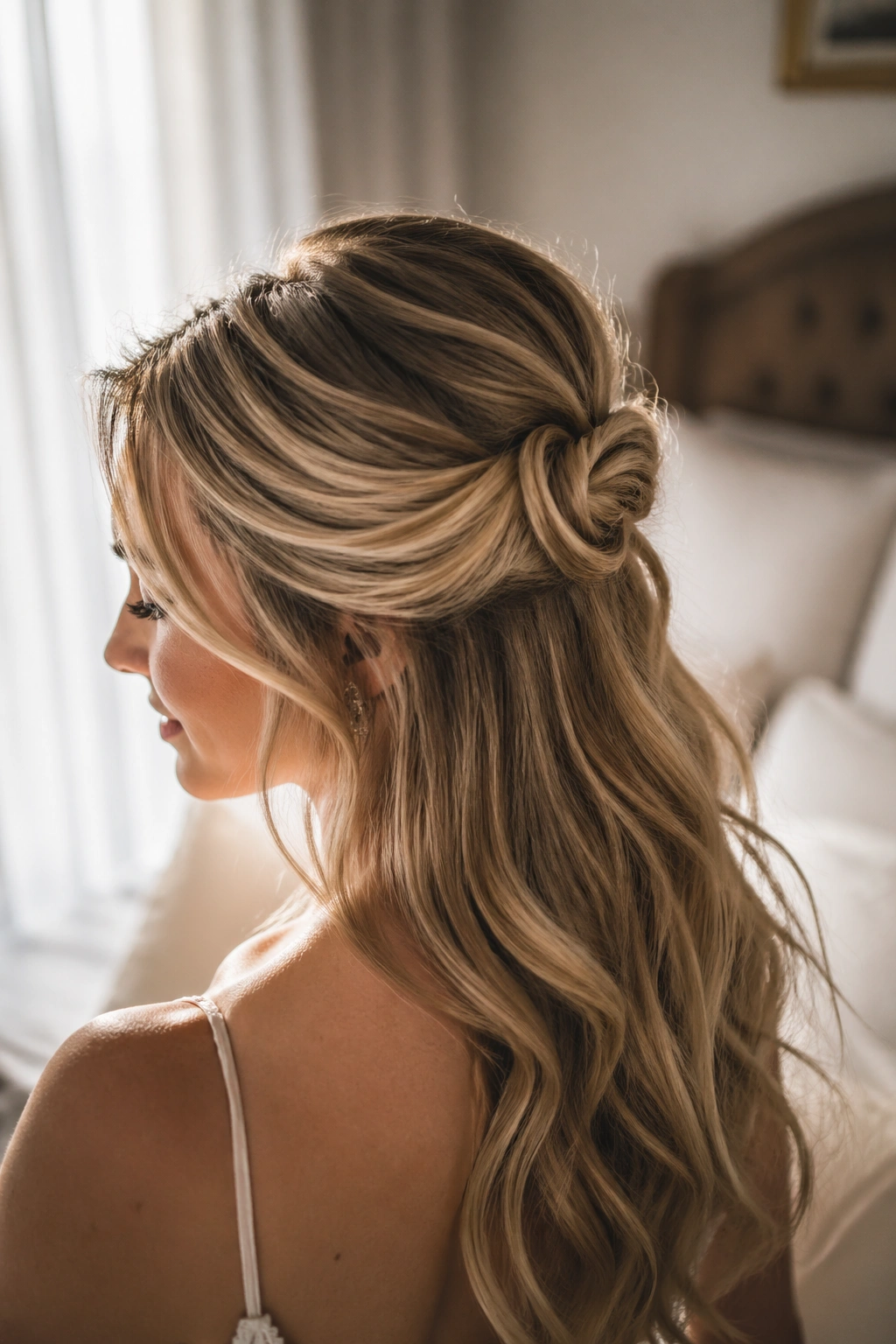 Bride wearing a textured knot half-up hairstyle with a visible knot at the back.