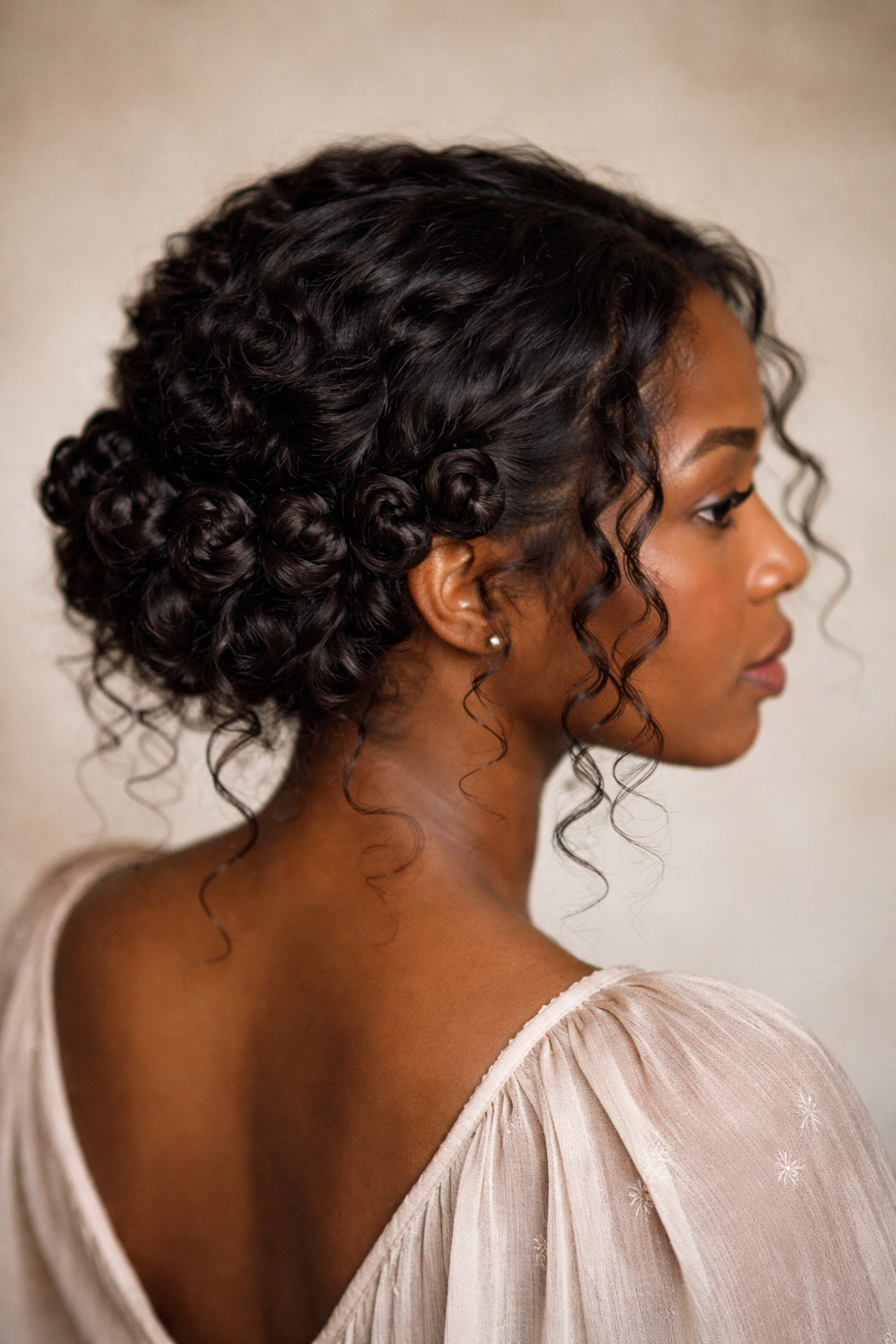 Low-slung knot halo with soft curls framing the head