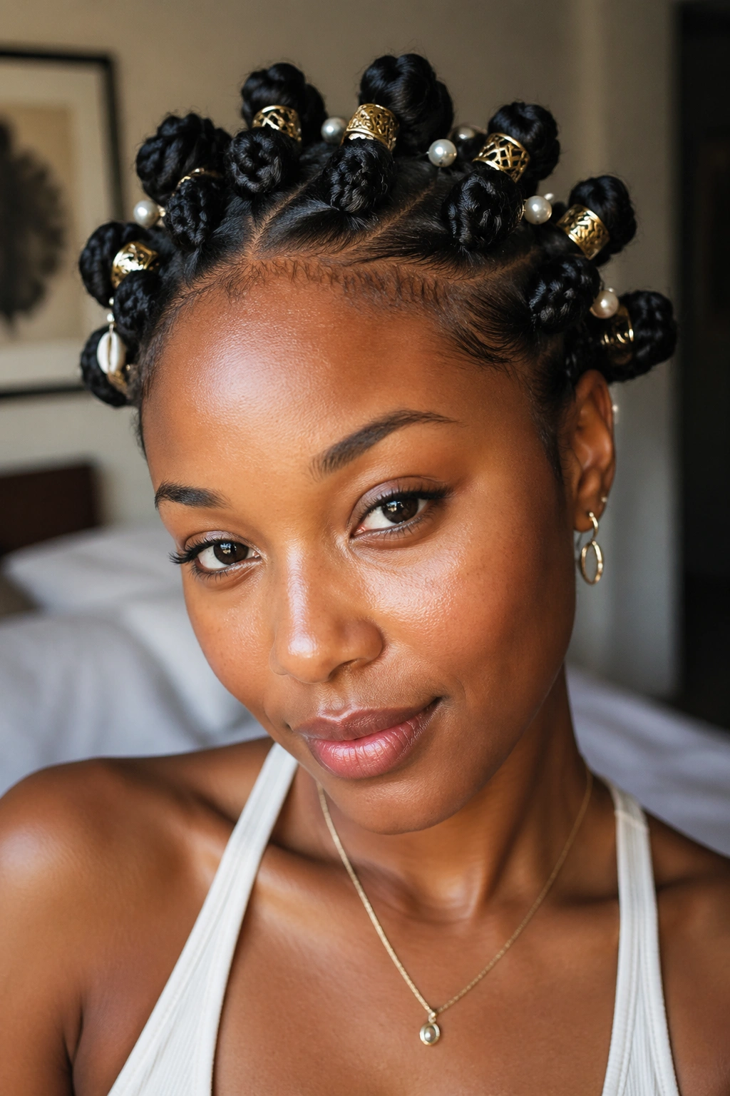 Close-up of a real woman with an accessory-laced knot halo featuring gold cuffs and pearl pins.