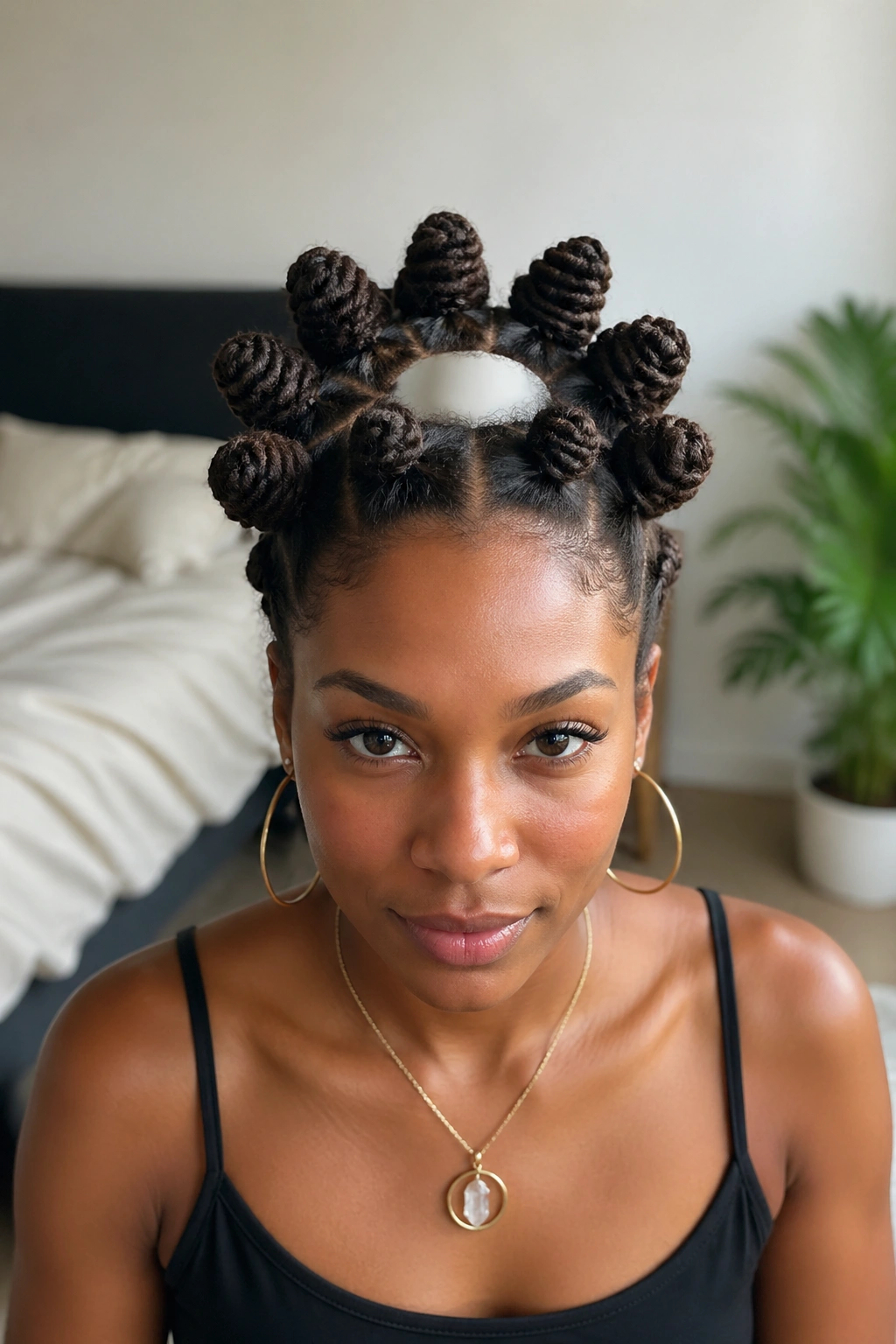 Close-up portrait of a person with a knot halo around the crown and an open center