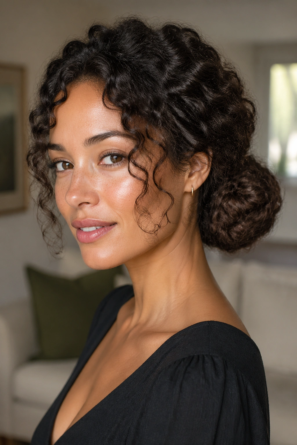 Close-up of real woman with knot-wrapped low bun at nape