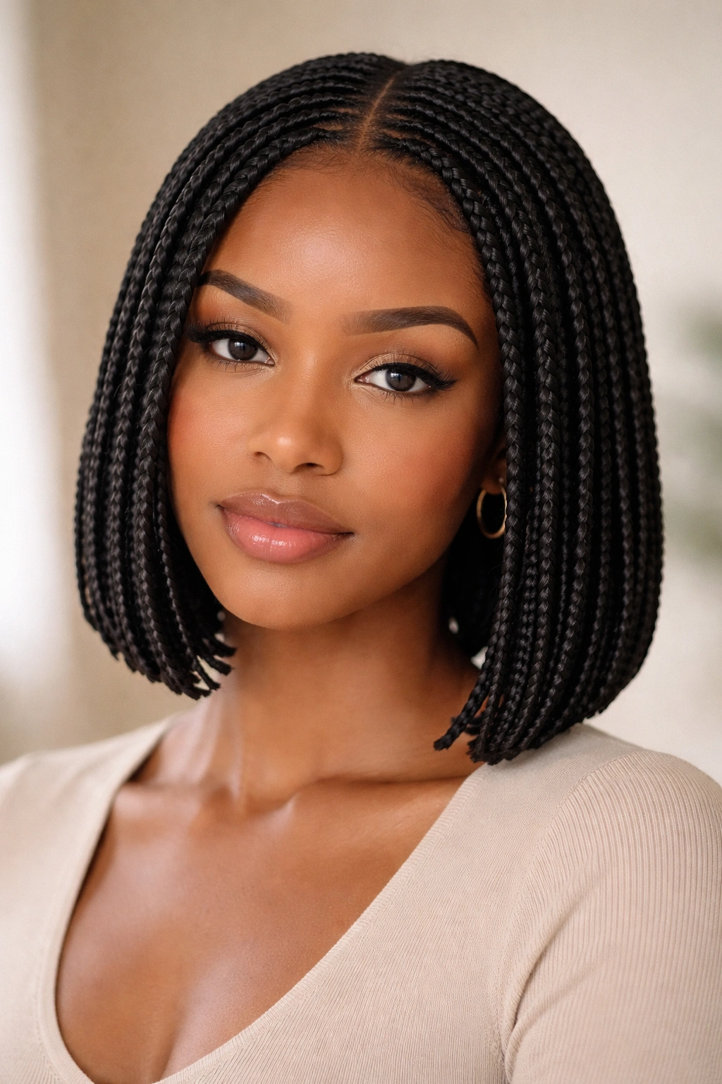 Knotless bob braids lying flat against the scalp with a center part