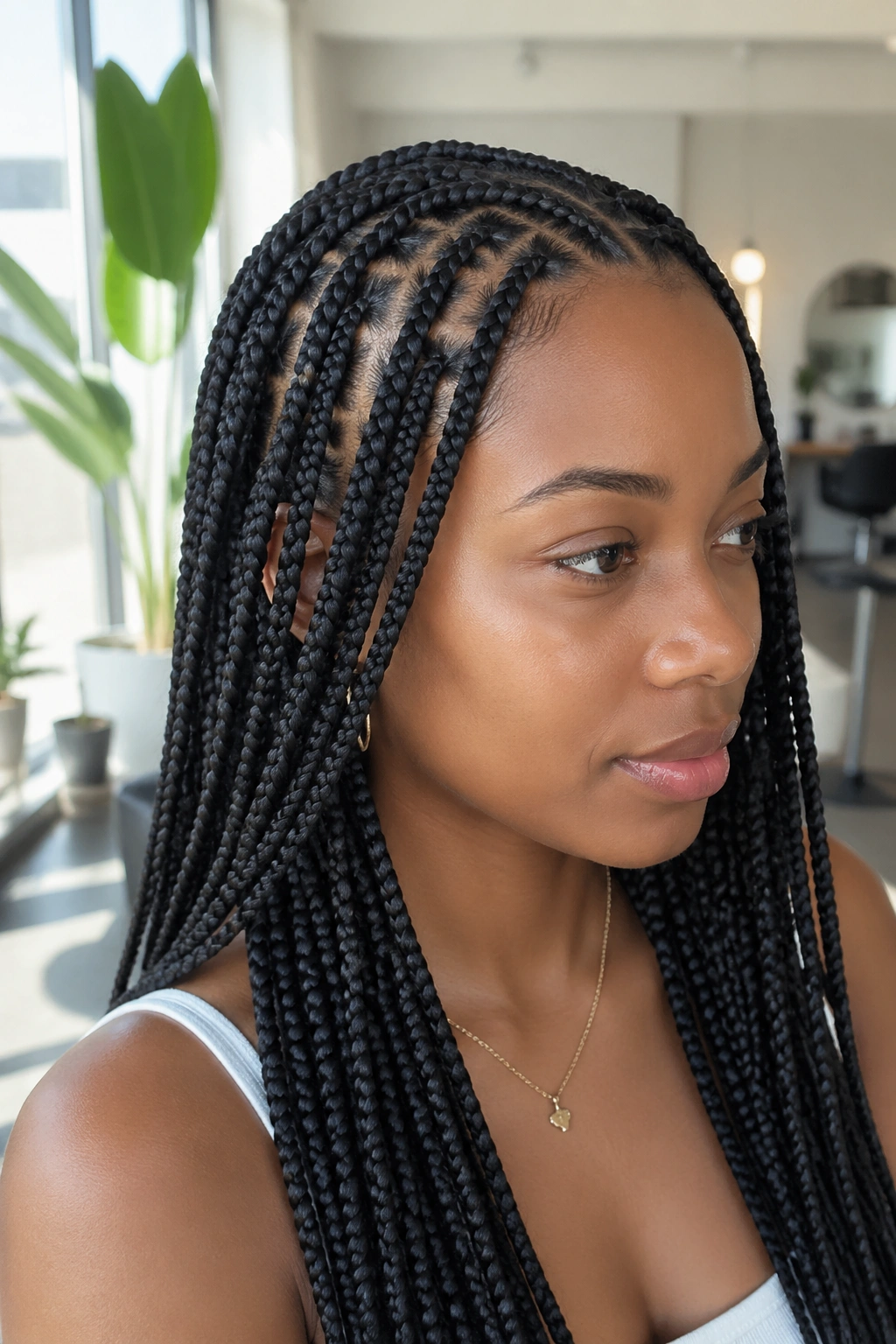 Close-up of a real person with knotless box braids