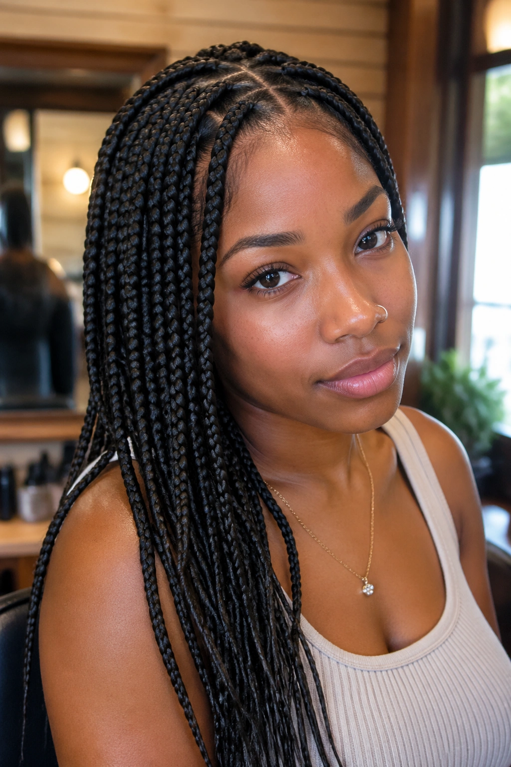 Close-up portrait of a real woman with knotless box braids in a warm salon setting