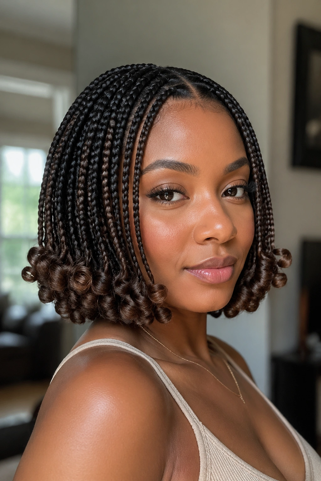 Real person with a knotless braid bob and curled ends, portrait shot.