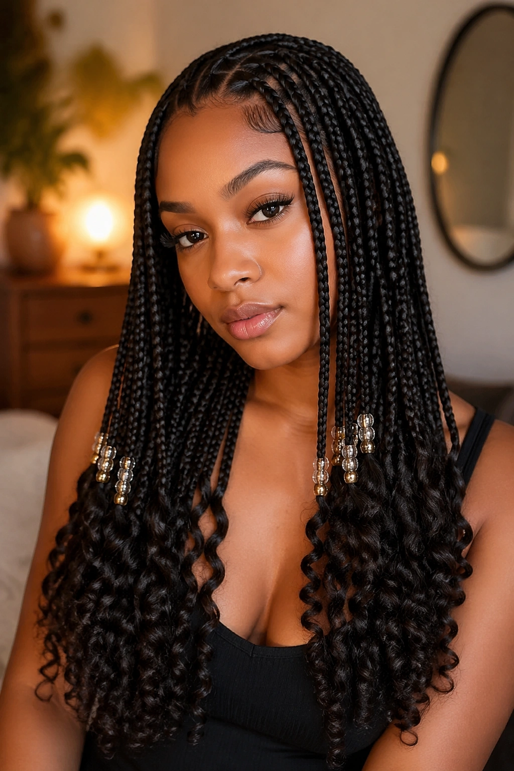 Real woman with knotless braids featuring beads and curly tips.