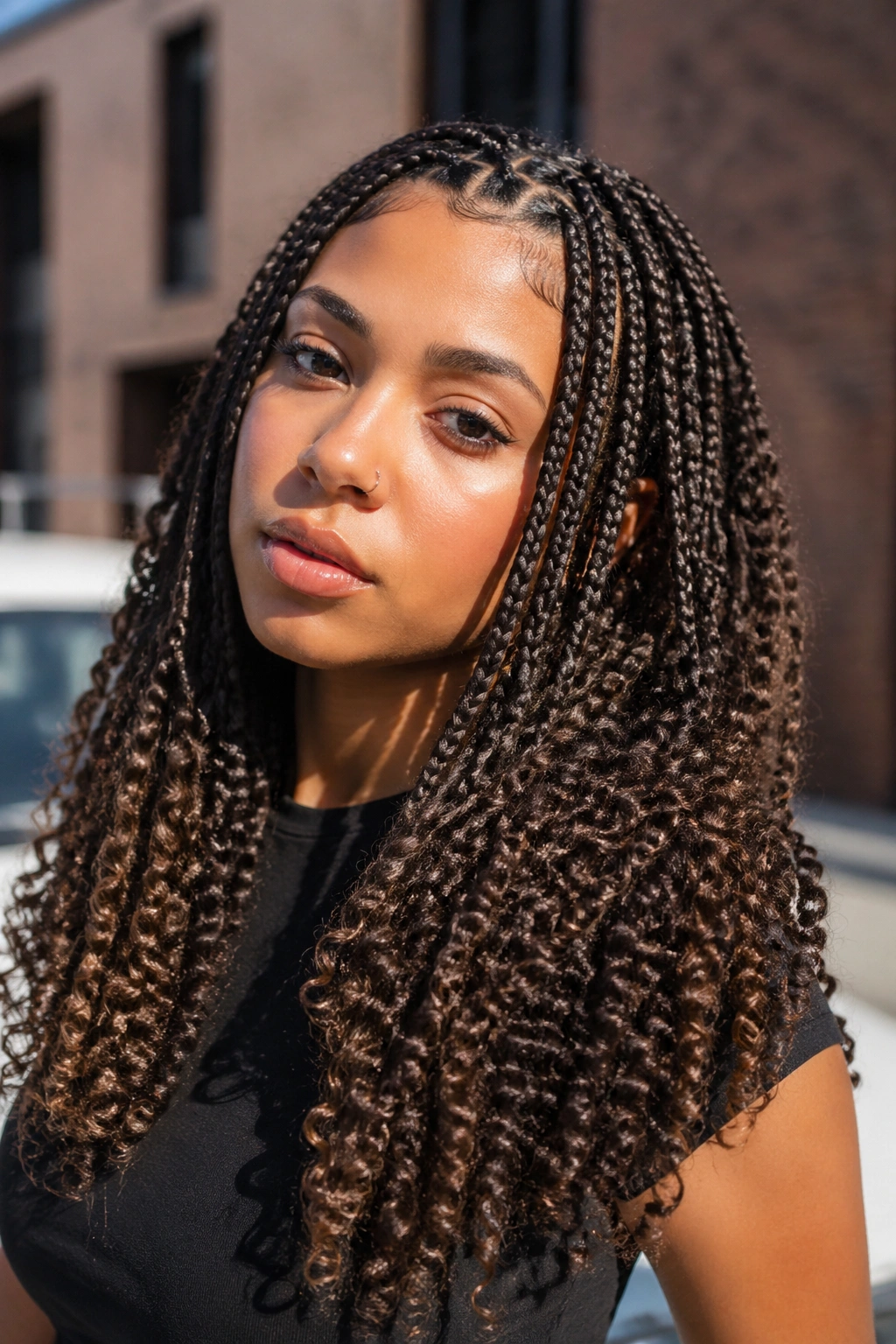 Close-up of a real woman with knotless braids and crimped curly ends in daylight