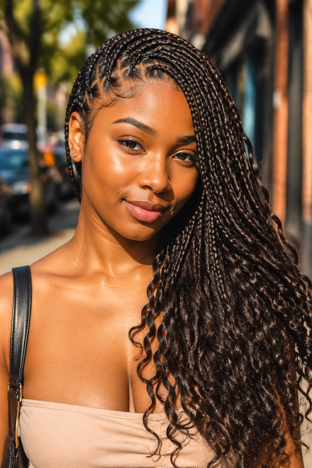 Close-up of a real woman with deep side swept knotless braids