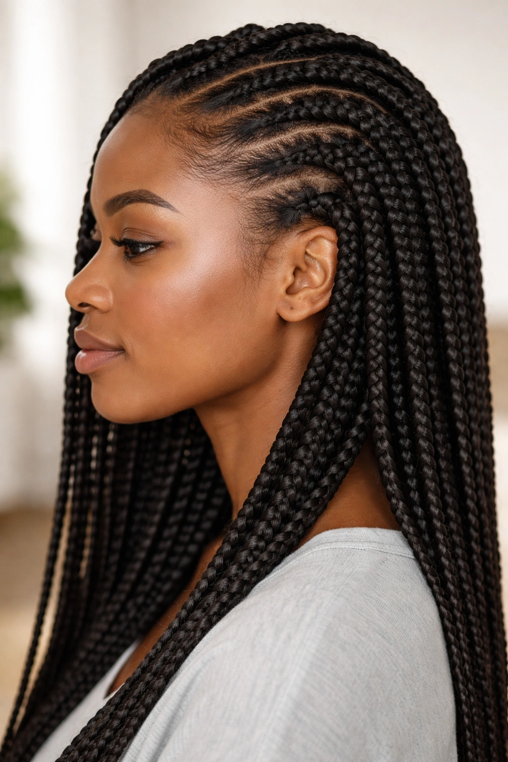 Close-up of knotless box braids with a soft feed-in root on natural hair