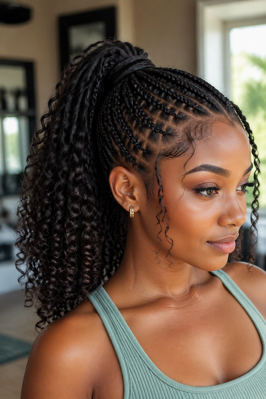 Close-up portrait of a real woman with a high ponytail knotless braids and curly tail in a salon.