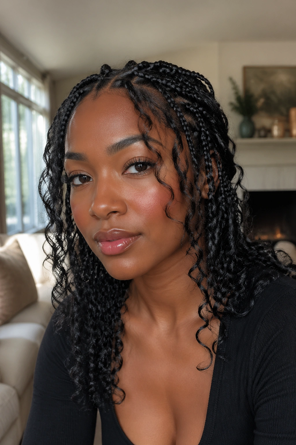 Close-up of a real woman with layered face curls around knotless braids