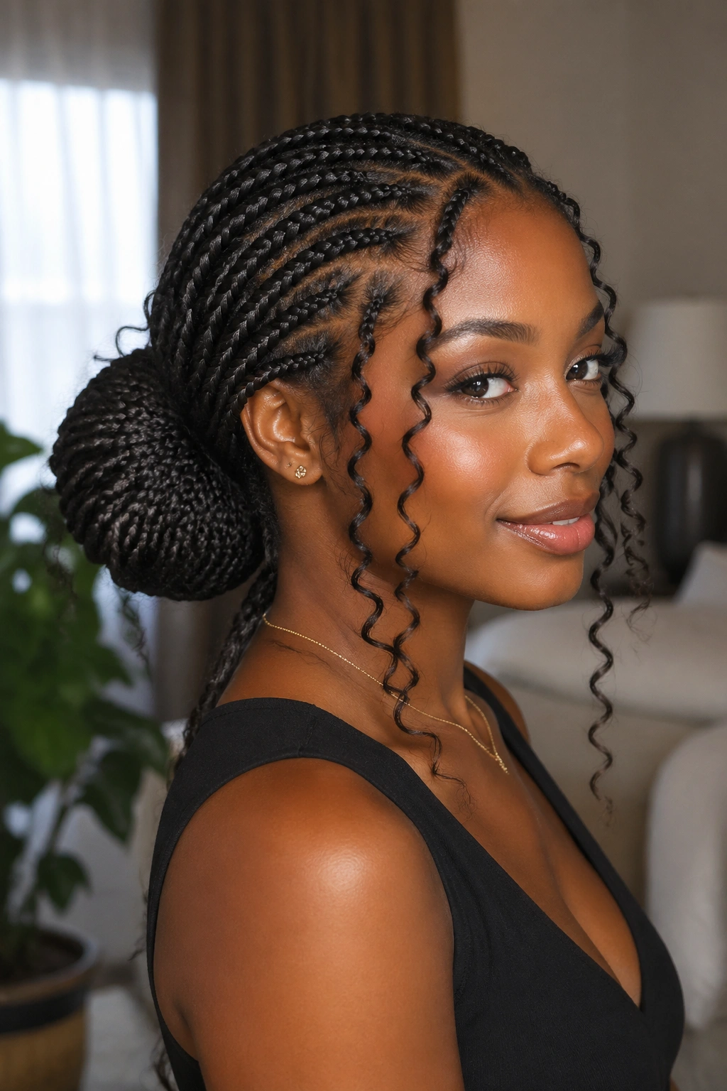 Close-up of a real woman with a low bun and curly drop knotless braids
