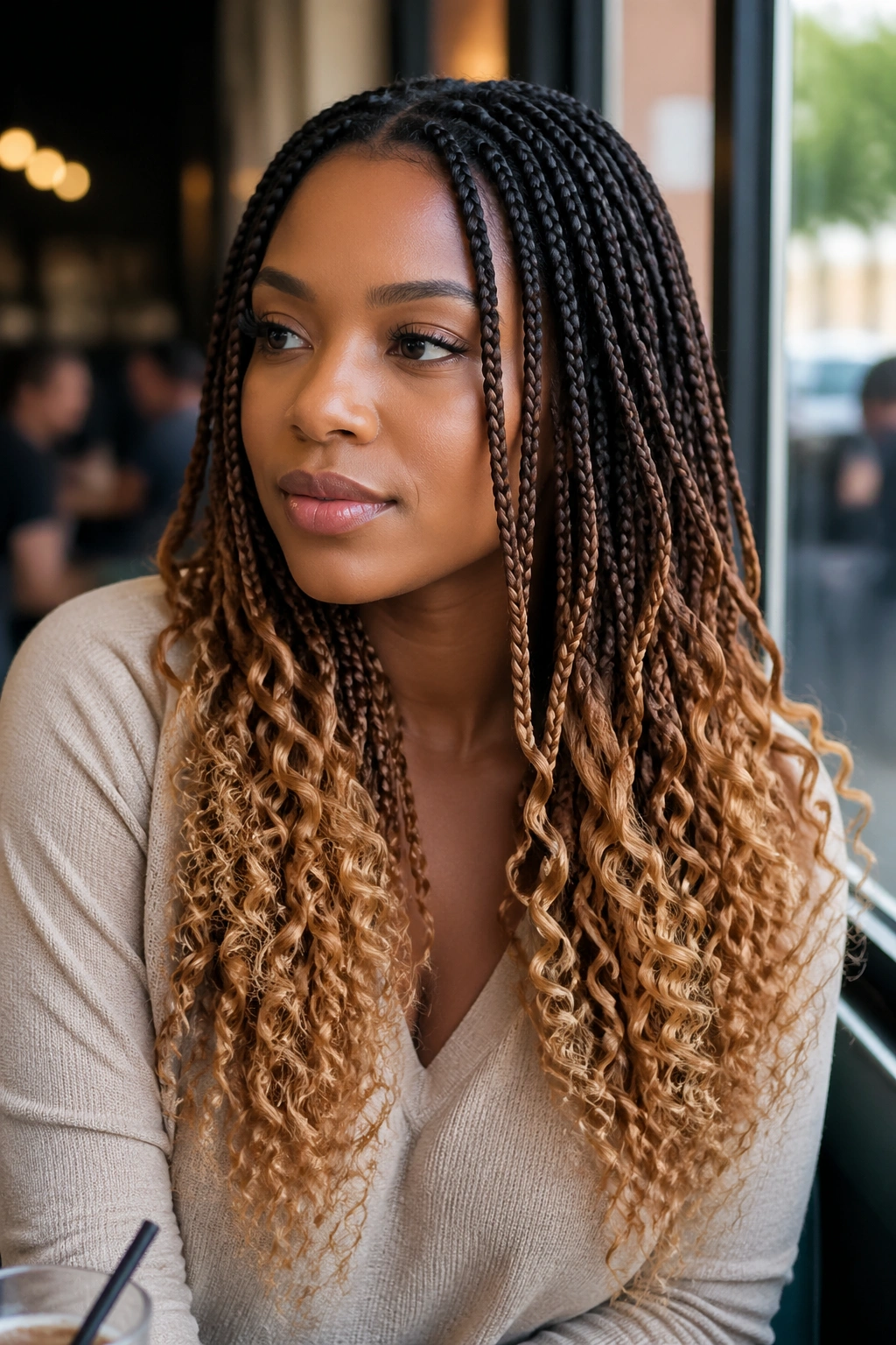 Close-up of a real woman with ombré knotless braids and curling ends in cafe light
