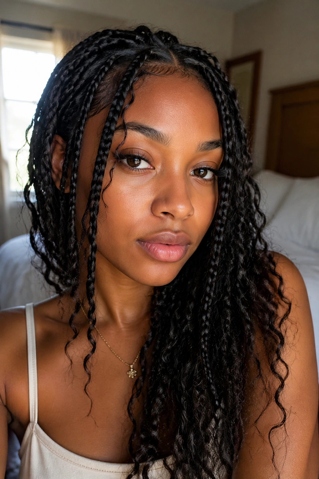 Close-up of a real woman with knotless braids and loose curls in soft indoor light
