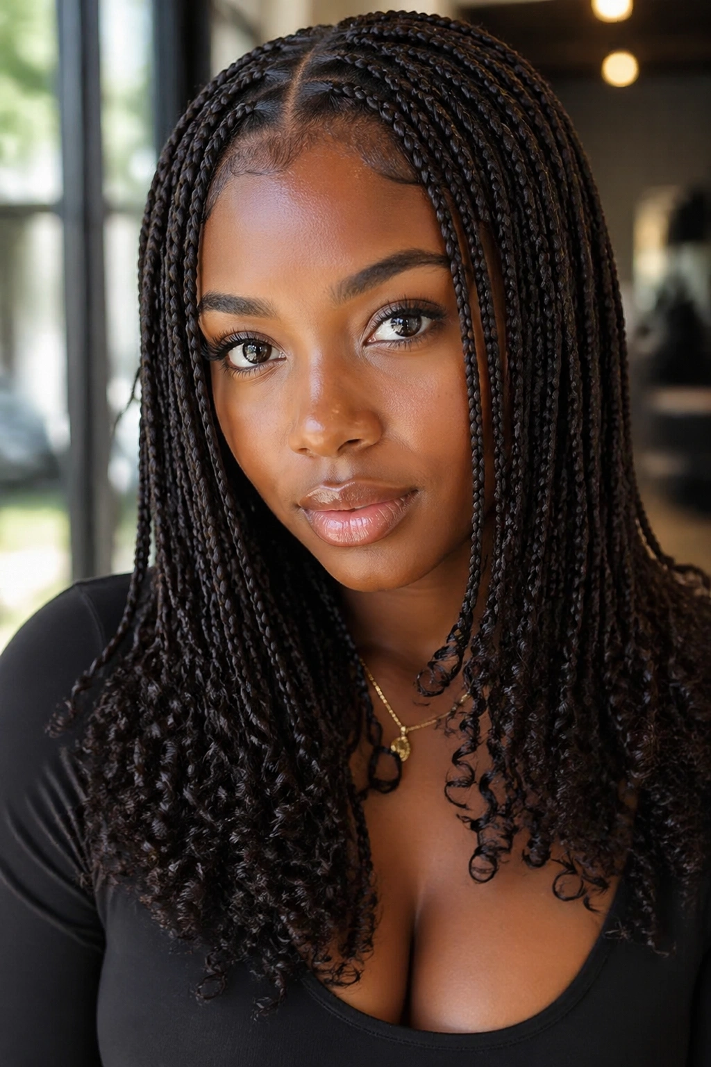 Close-up of a real woman with small knotless braids and tiny ringlet ends in warm window light