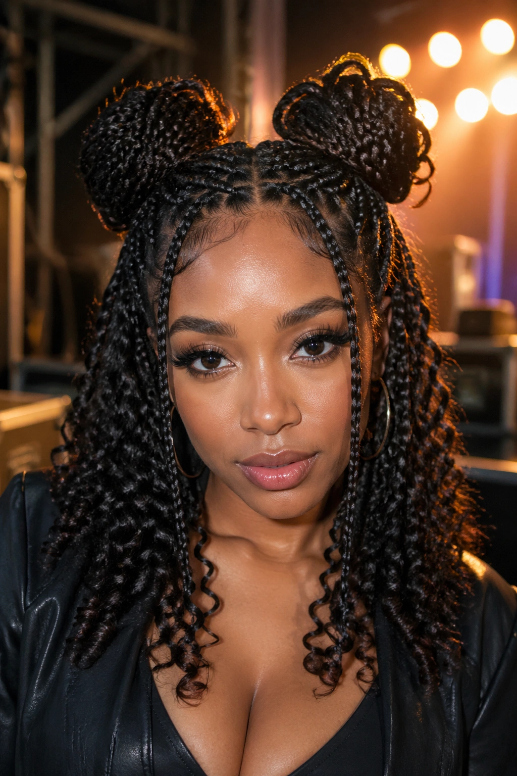 Real woman with knotless space buns and hanging curls under stage lighting.