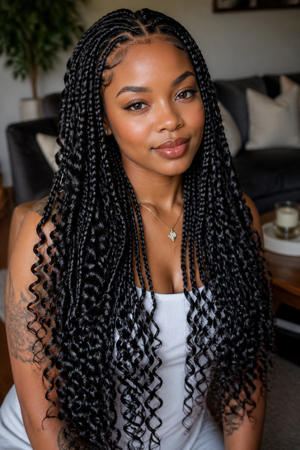 Close-up of a real woman with waist-length knotless braids ending in spiral curls, in a softly lit living room.