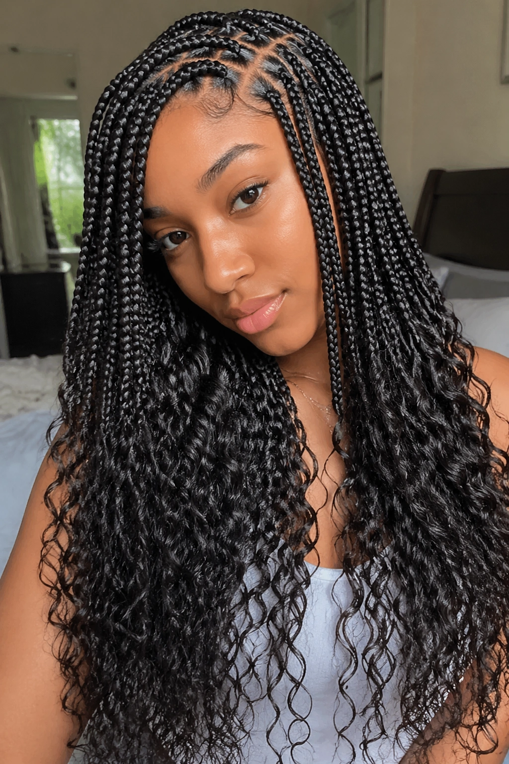 Close-up of a real woman with knotless braids and water wave ends in warm bedroom light