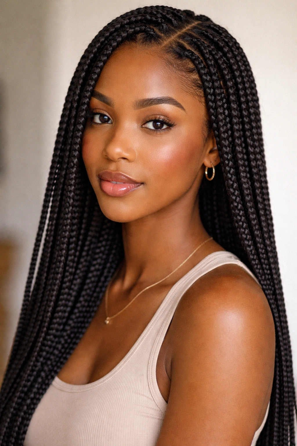 Close-up of knotless crochet box braids with flat roots on afro-textured hair