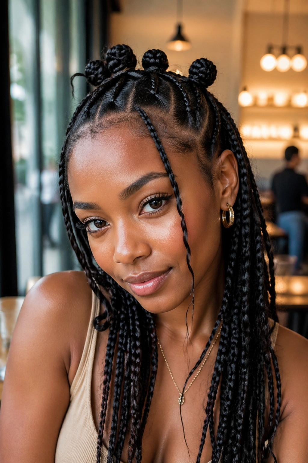 Close-up of a real woman with knotless Fulani braids and tiny top knots