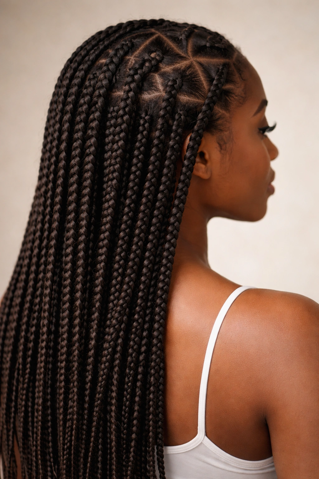 Knotless twist braids with triangle parting and flat roots