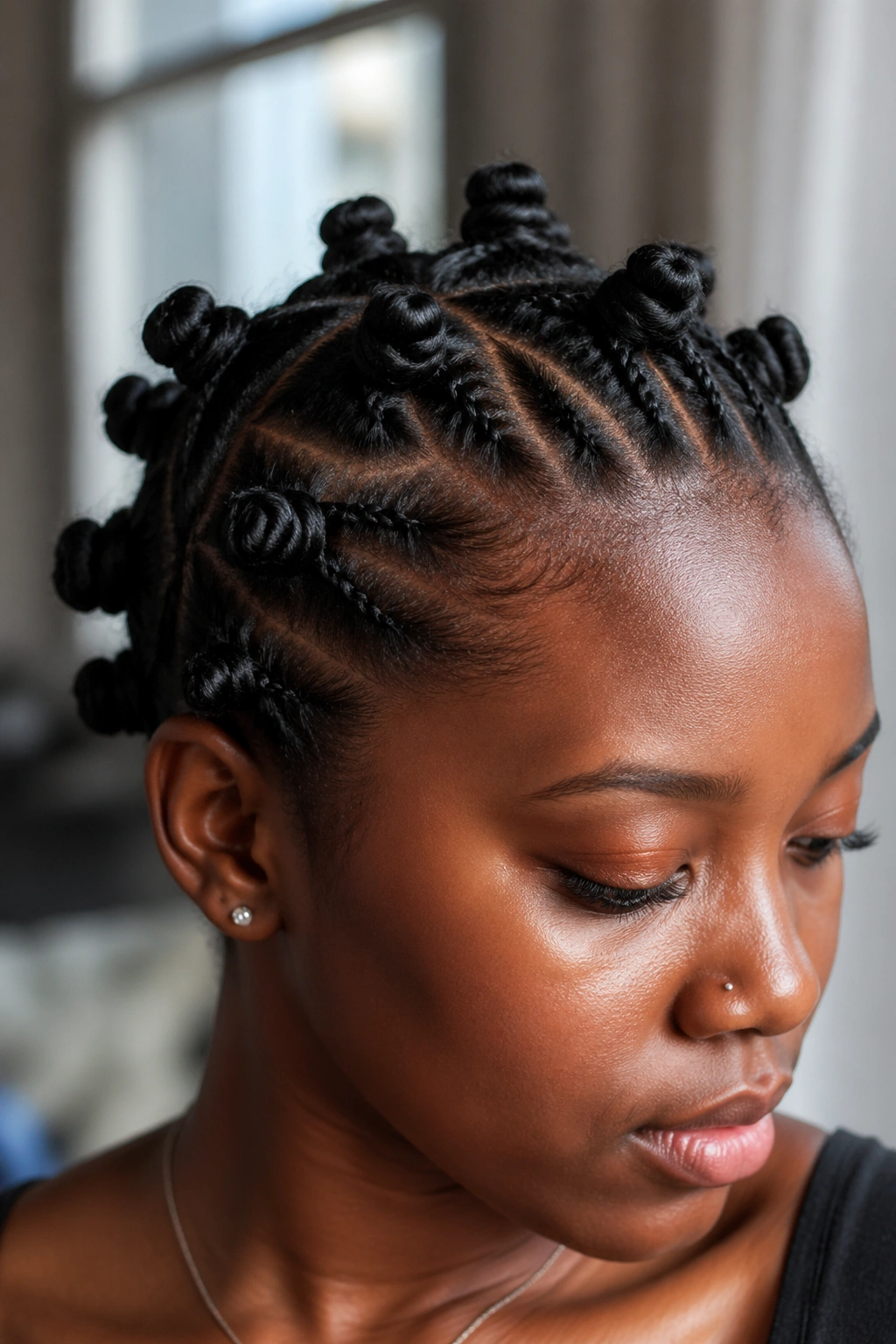 Close-up of Bantu knot with braided base on very short hair