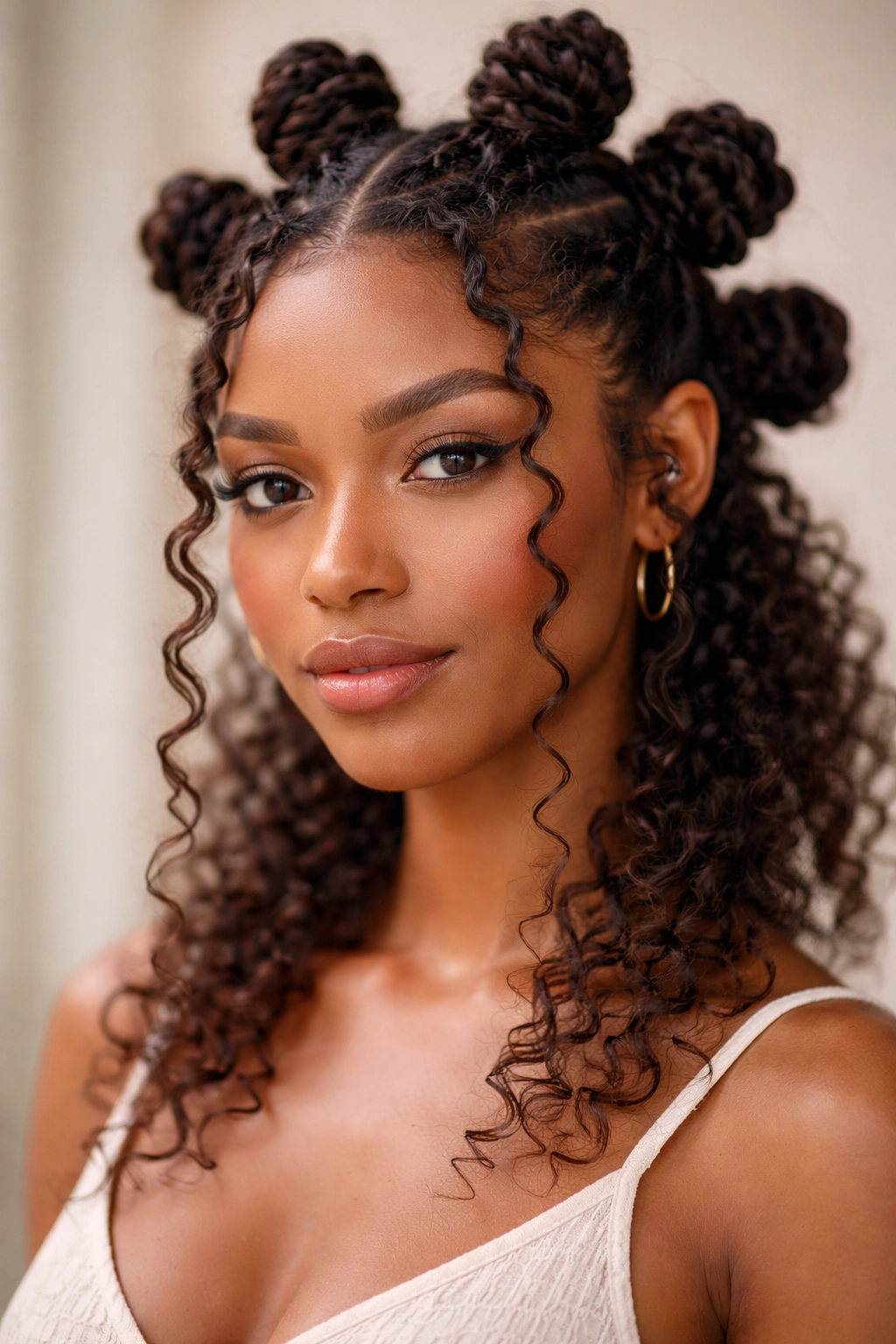 Close-up of bantu knots with face-framing tendrils around the cheeks