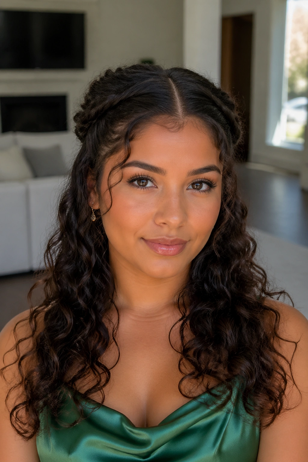 Close-up of a real woman with a simple knotted half-up and centered part
