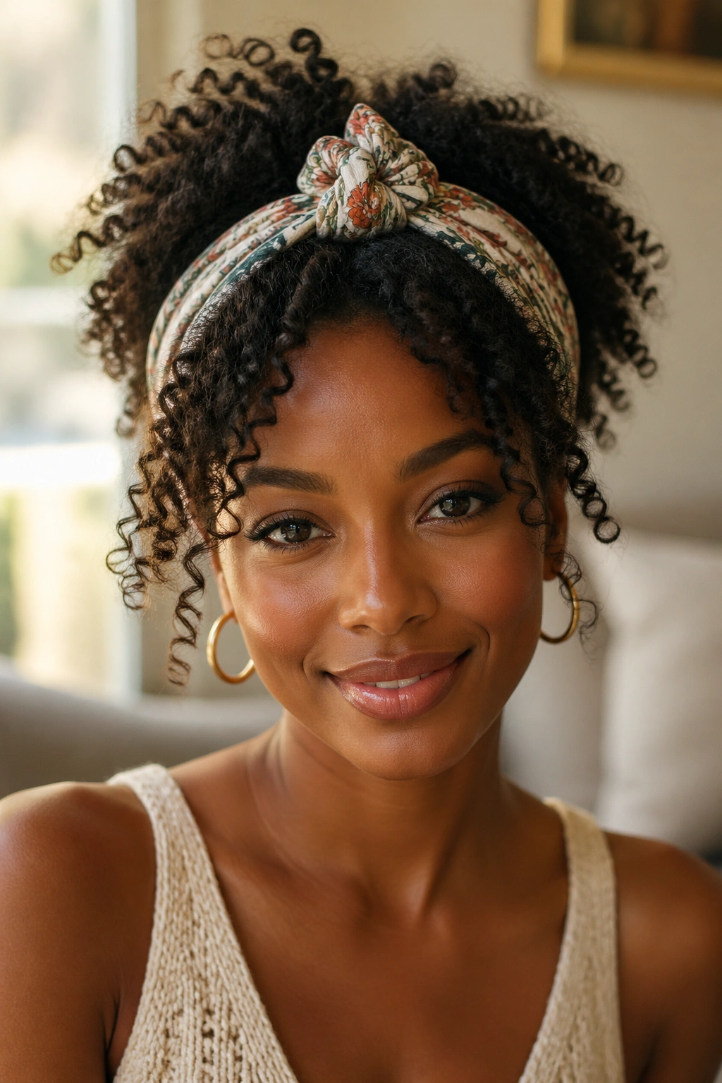 Close-up of a real person wearing a knotted fabric headband with curly hair.