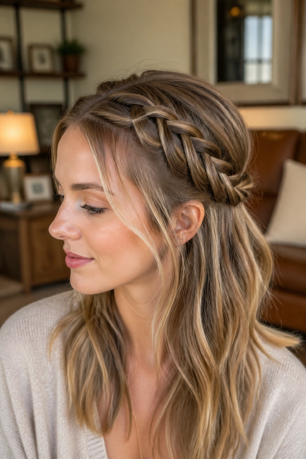 Close-up of a real woman with a lace braid half-up in open-weave delicate style