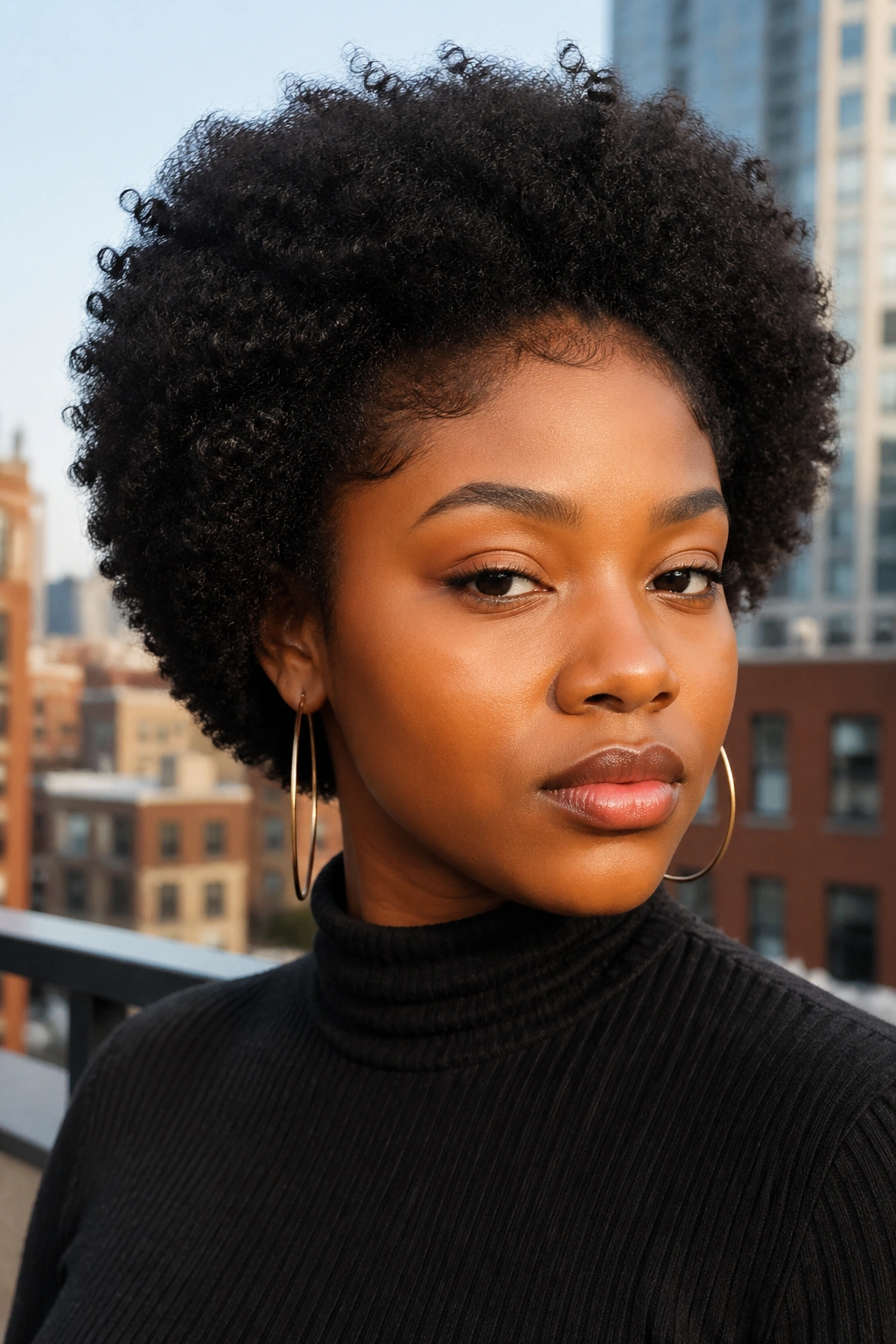 Portrait of a real Black woman wearing a lace front Afro wig with a natural hairline against an urban backdrop