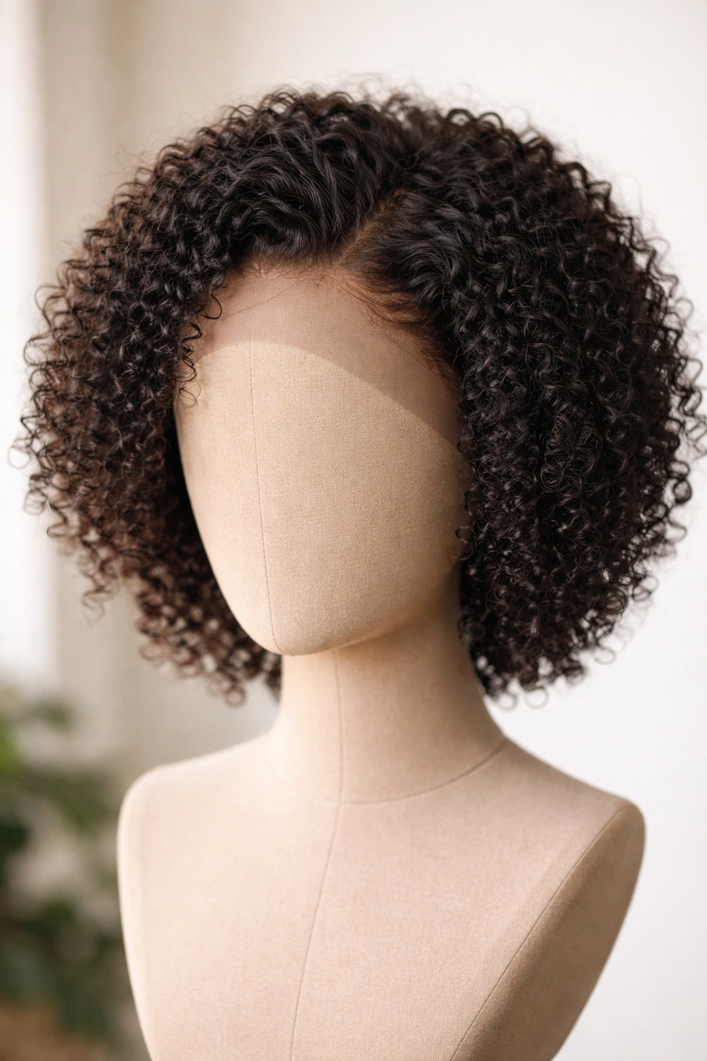 Lace-front kinky curly crop wig with soft front curls on head form