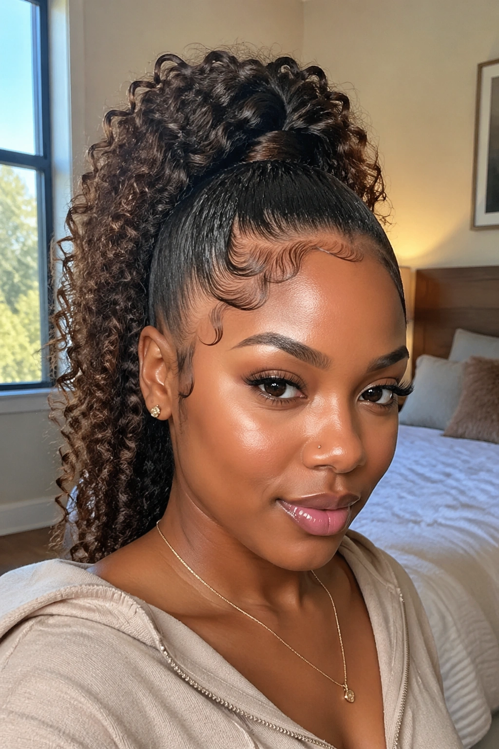 Close-up of a real woman with a curly ponytail and laid edges