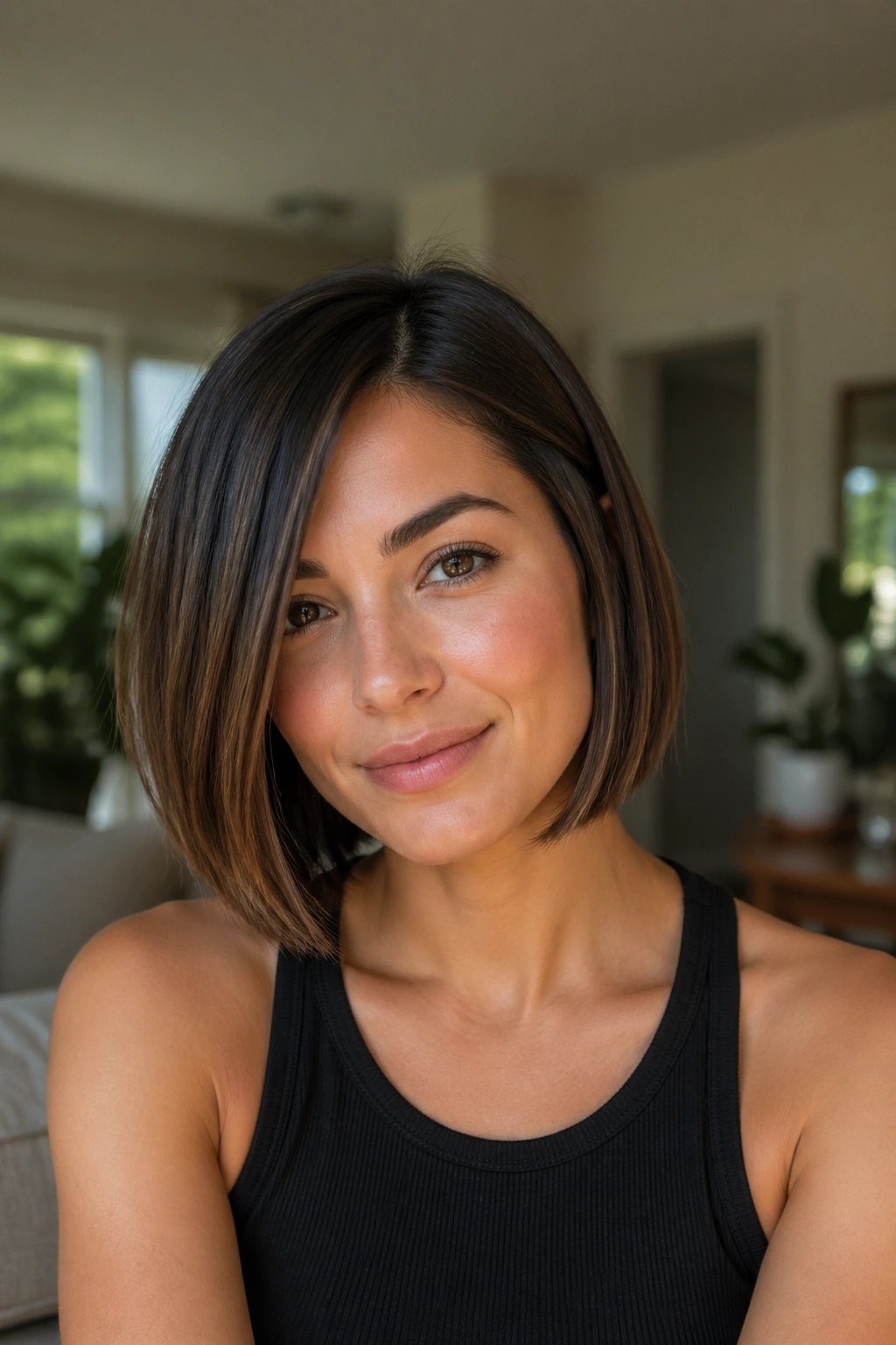 Close-up of a real woman with a side-part laser-cut bob that softens the face
