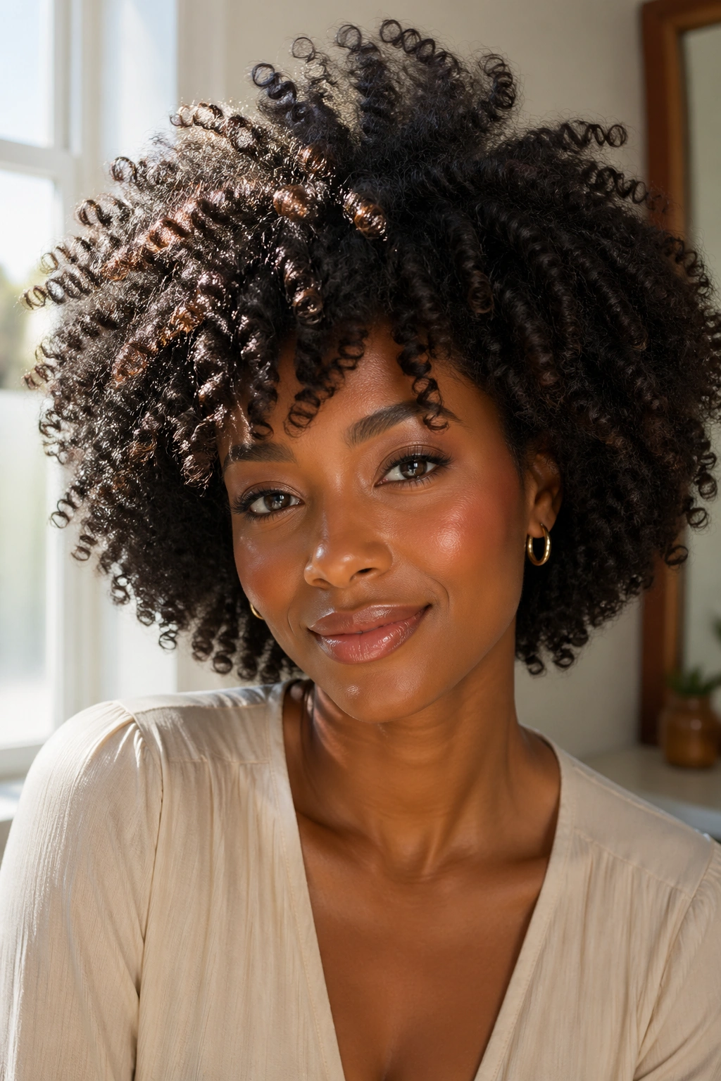 Close-up portrait of a real woman with layered afro for thick hair