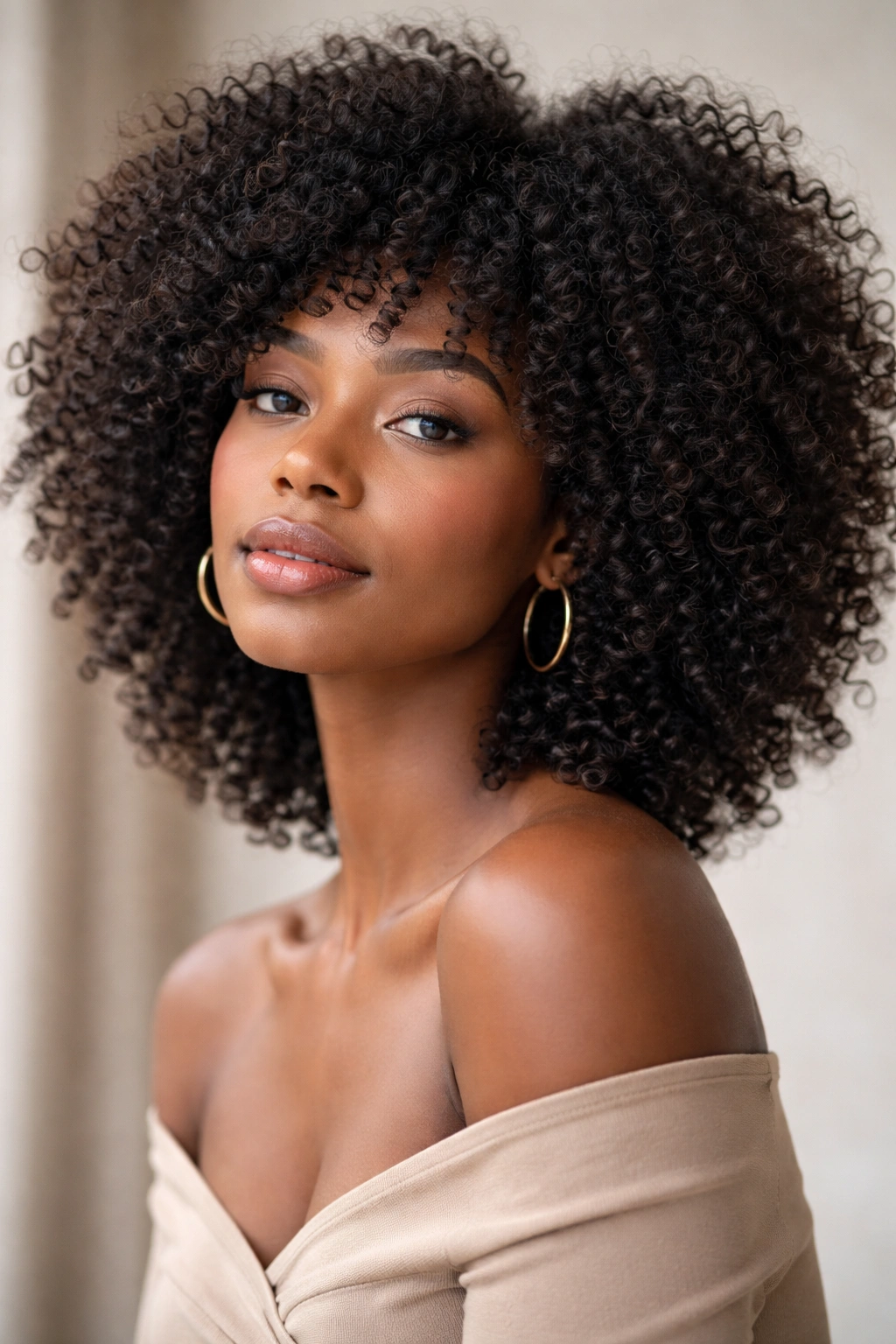 Layered afro with subtle layers adding cheek width and movement.
