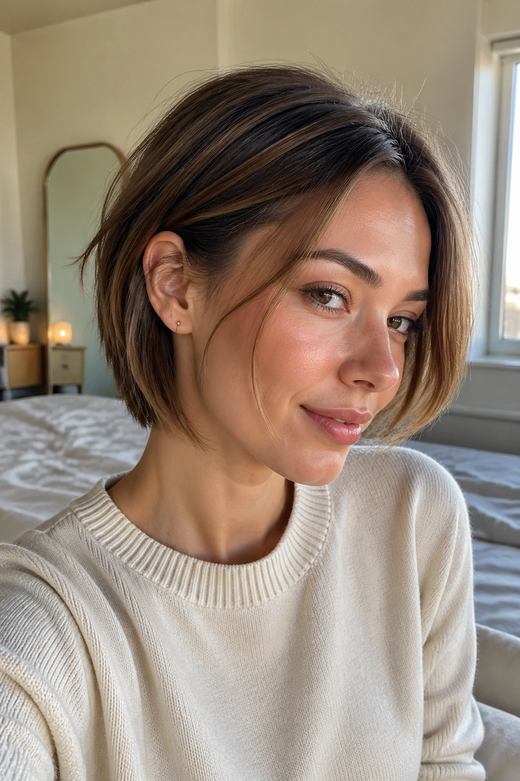 Close-up of real woman with layered airy bob tucked behind her ear