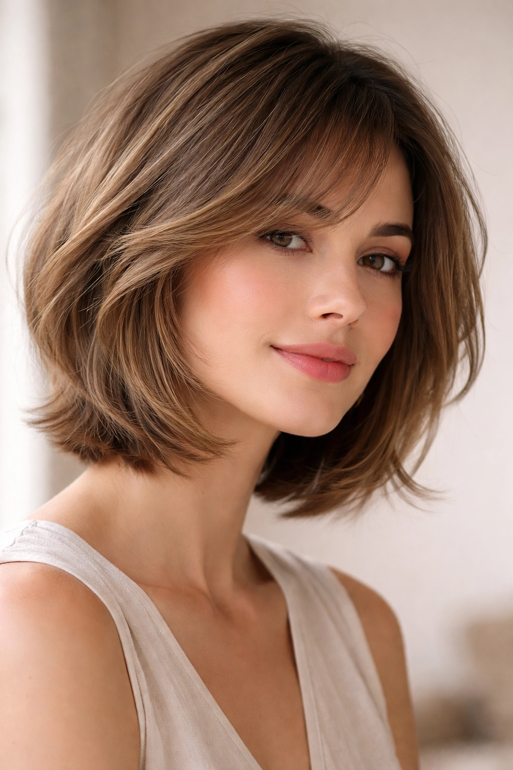 Layered airy bob feathering the cheeks with inner layers