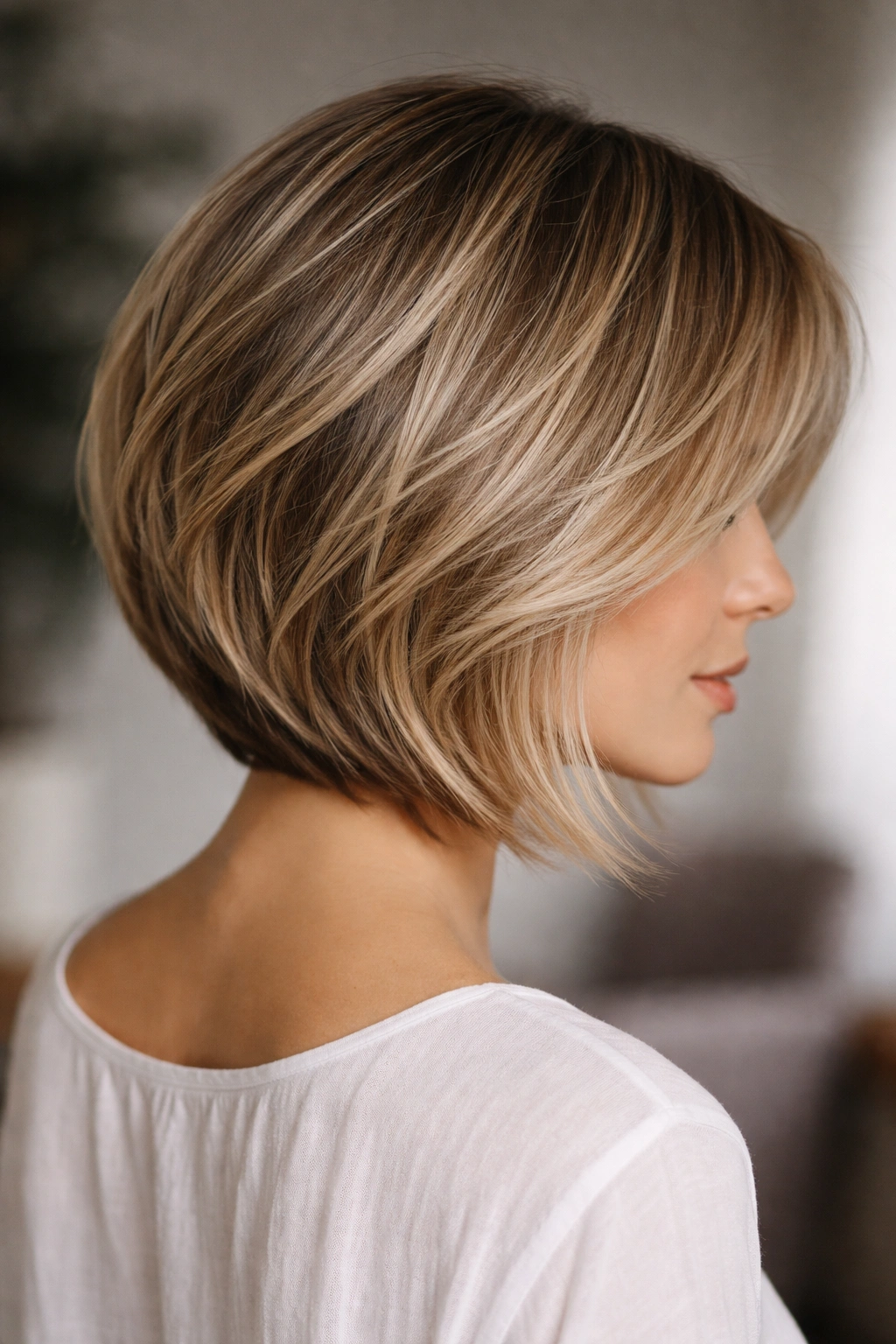 Layered bob with feathered babylights creating natural movement