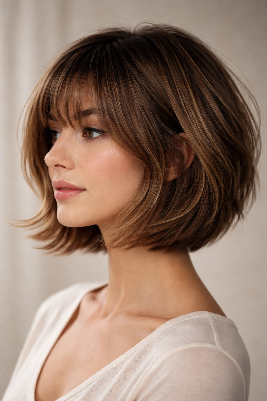 Layered bob with bottleneck bangs in studio lighting showing lifted crown and blended fringe