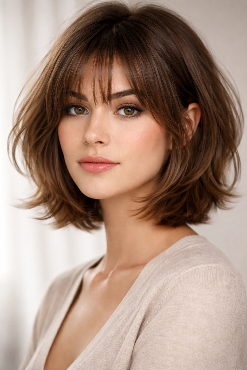 Layered bob with bottleneck bangs portrait in studio.