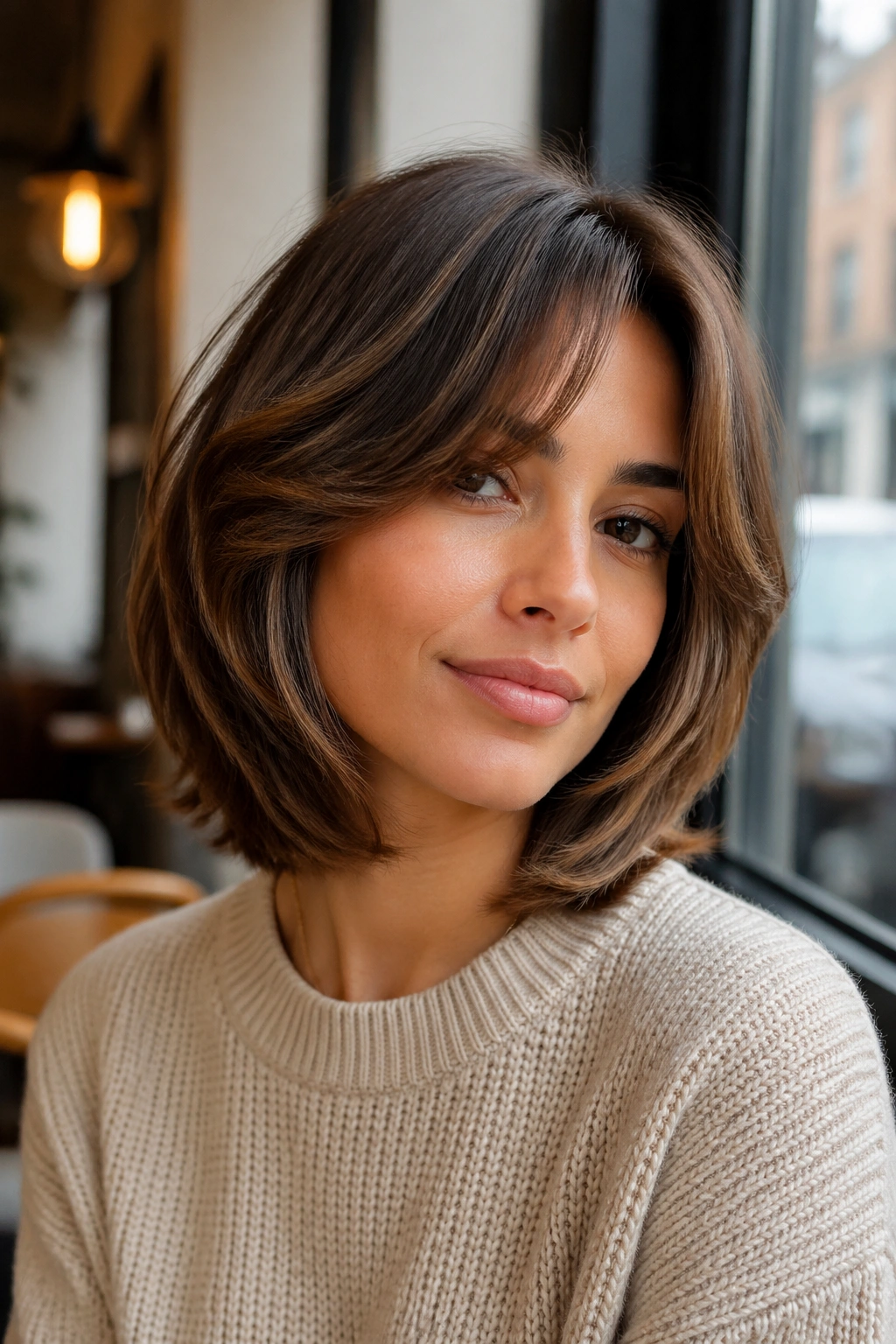 Close-up of a real person with layered bob and curtain bangs