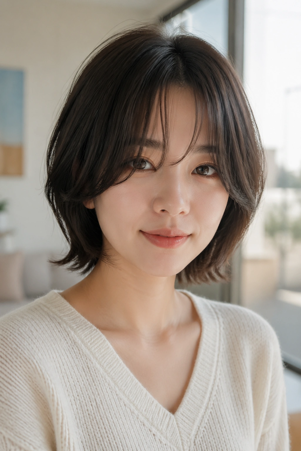 Real person with layered bob and curtain bangs in natural window light.