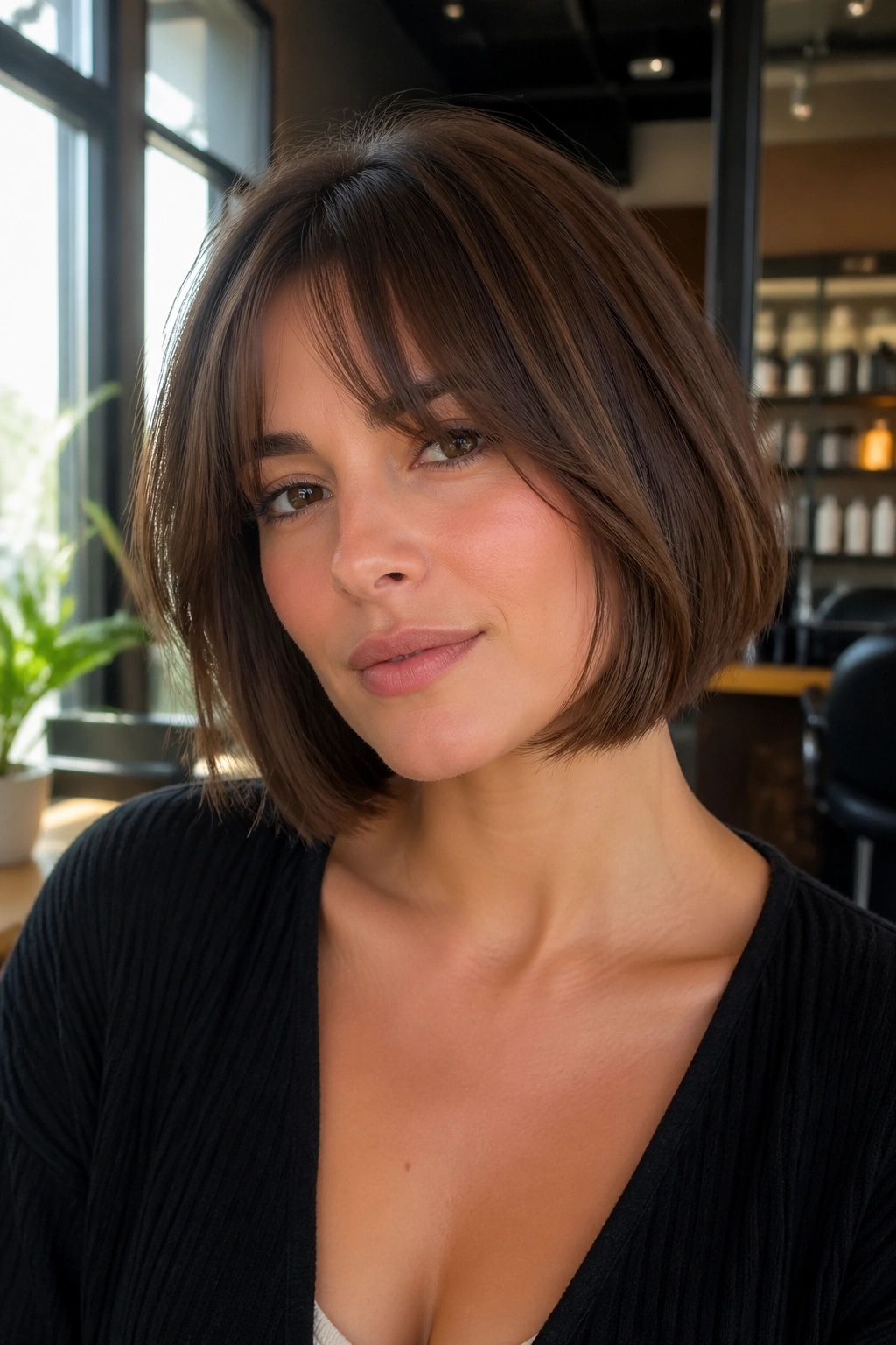 Close-up of a real woman with a chin-length layered bob, curtain bangs, and face-framing layers.