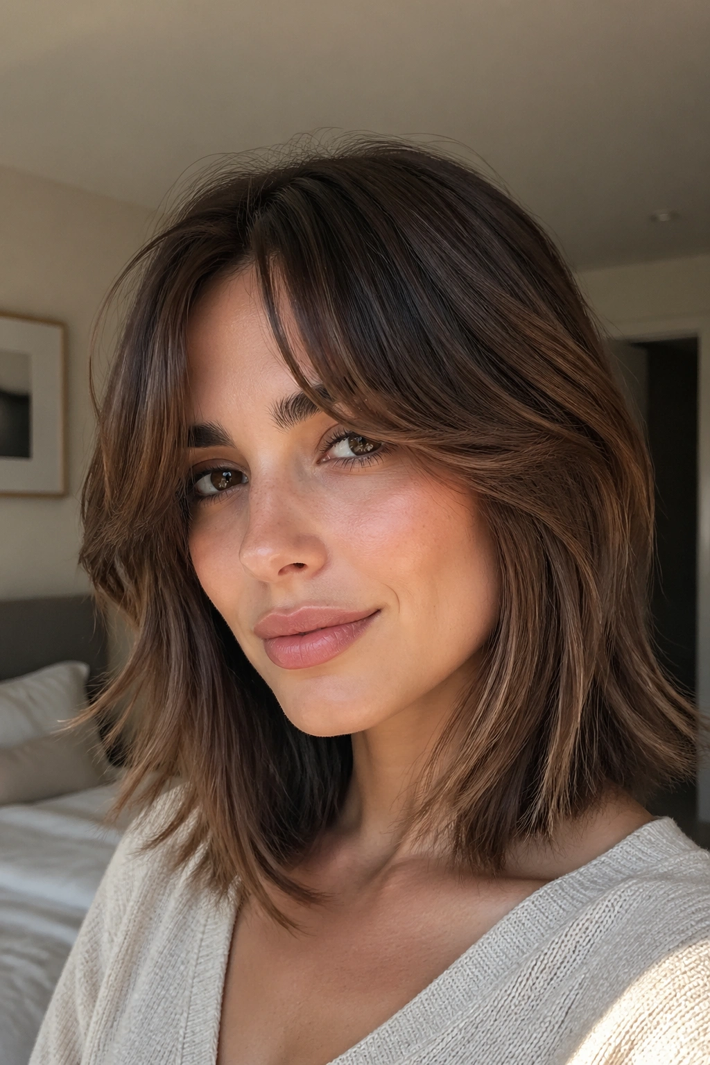 Close-up portrait of a woman with a collarbone-length layered bob and curtain bangs in warm window light