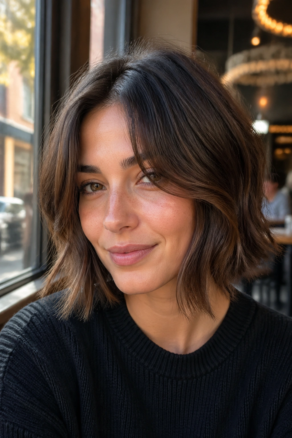 Close-up portrait of a real woman with a layered bob and curtain bangs